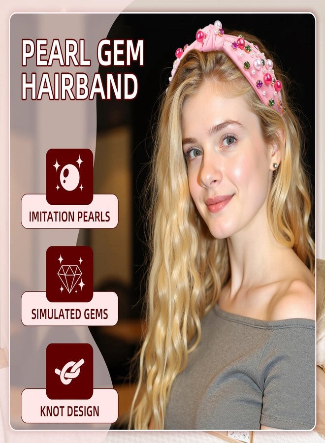 BLAAROOM Valentines Day Headband for Women Pink Knotted Headbands with Pearl Rhinestone Jeweled Hairband Fashion Valentine Holiday Wide Head Band Hair Accessories Gifts for Girls Teen - Pink - Image 2